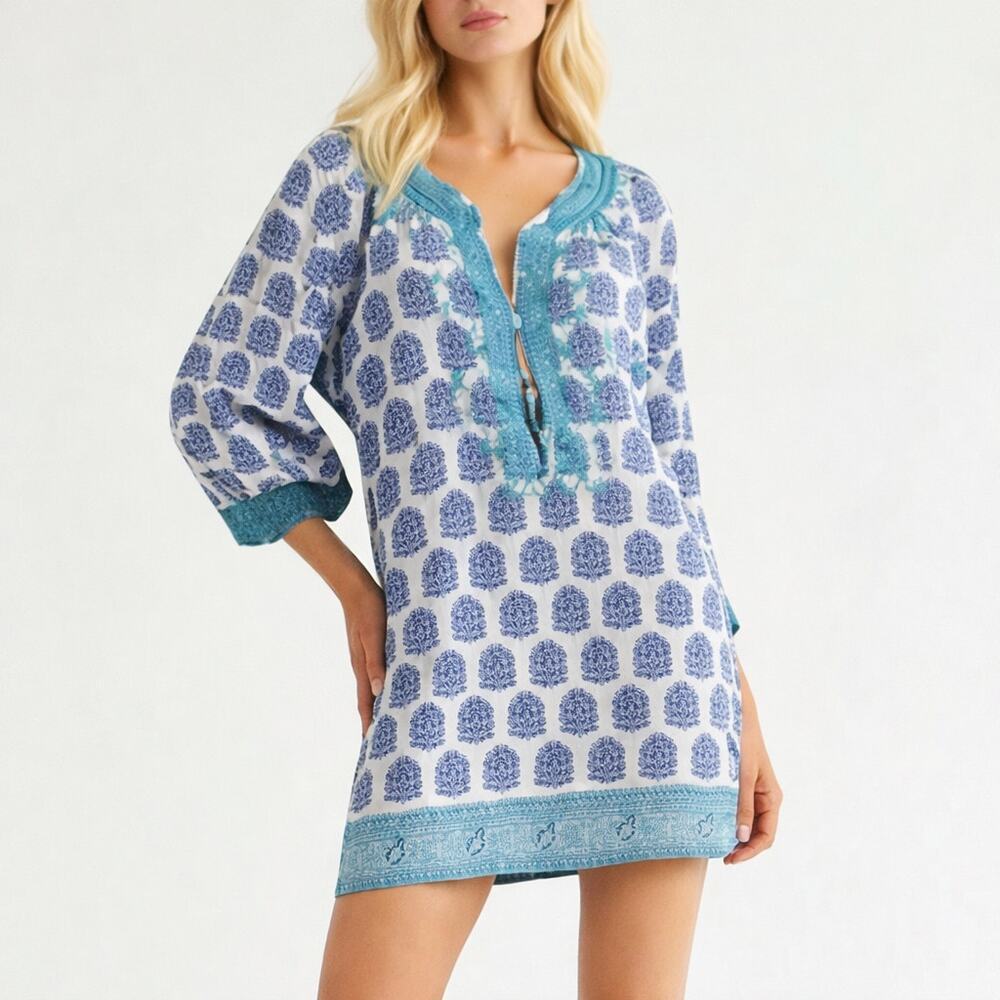 Calypso St Barth Hester Block Print Tunic Cover Up Embroidered Blue Size Large